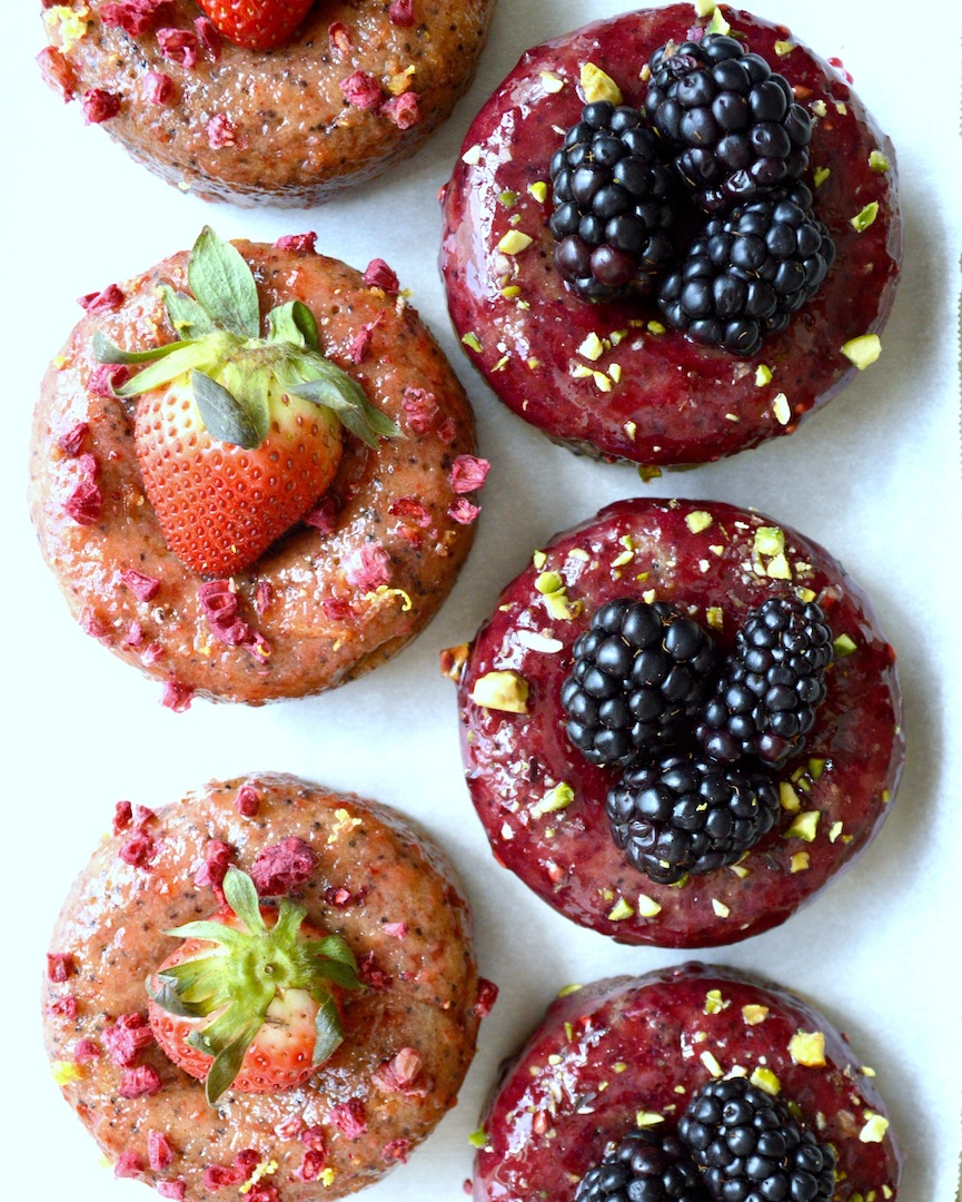 Lemon  Poppyseed  Donuts  with  Blackberry  Lavender  and  Strawberry  Glaze    