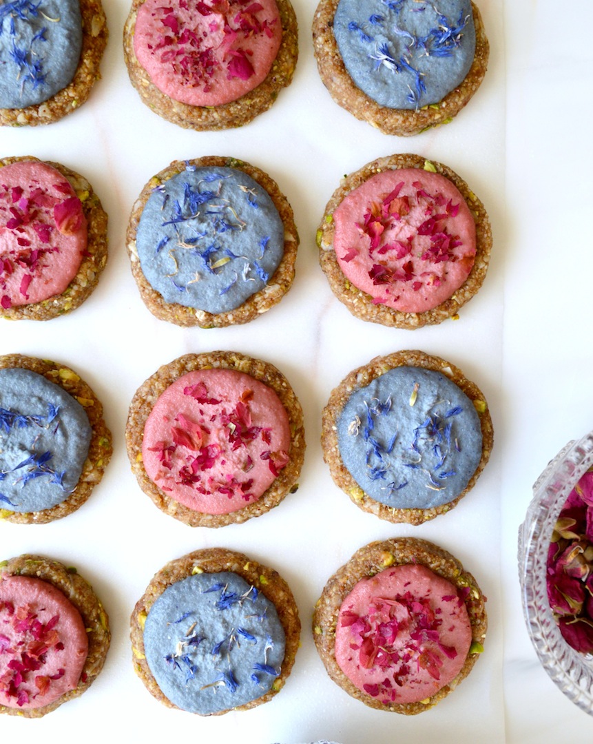 Pistachio Coconut Cookies with Rose and Lavender Cashew Cream (Raw, Vegan)  by Plantbased Baker