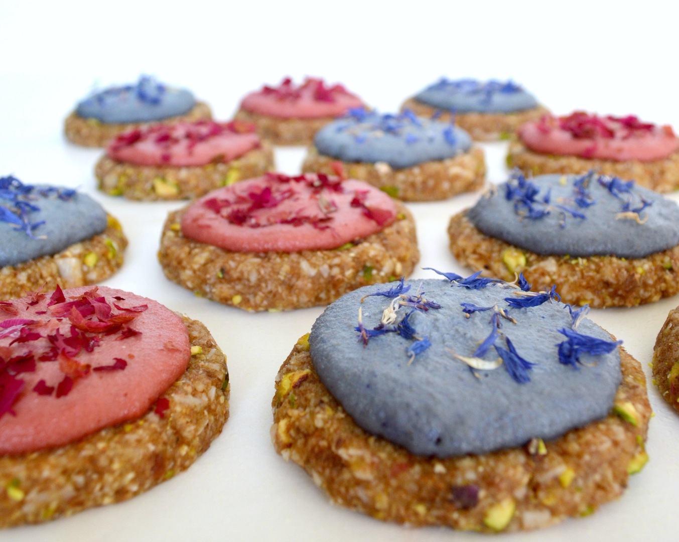 Pistachio Coconut Cookies with Rose and Lavender Cashew Cream (Raw, Vegan)  by Plantbased Baker