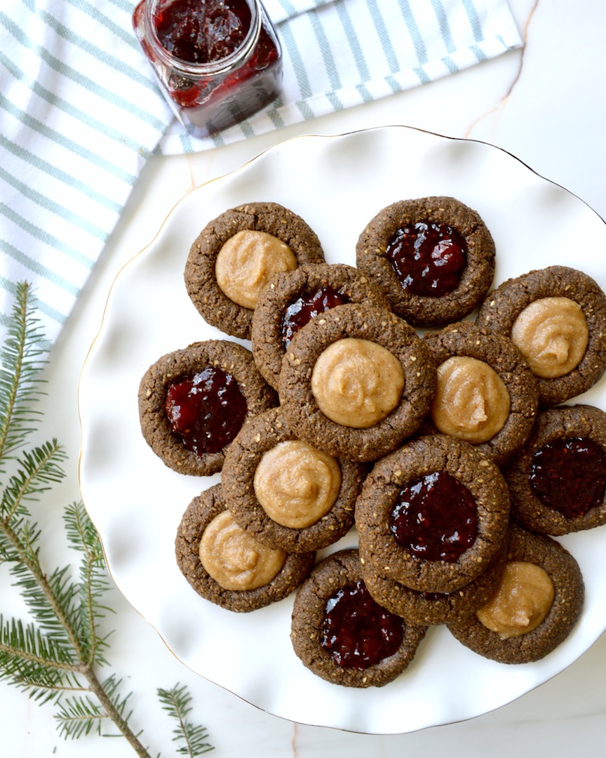Gingerbread Thumbprint Cookies with Cashew Cream and Berry Jam 