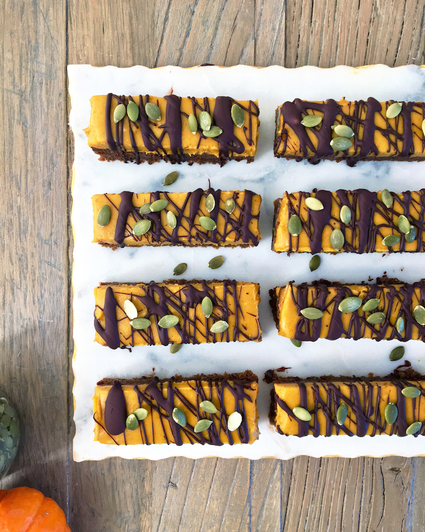 Pumpkin Chocolate Bars with Gingersnap Crust (Vegan, No-Bake) by Plantbased Baker